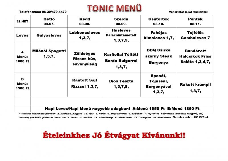 Tonic Menü – Bár (Kimle)